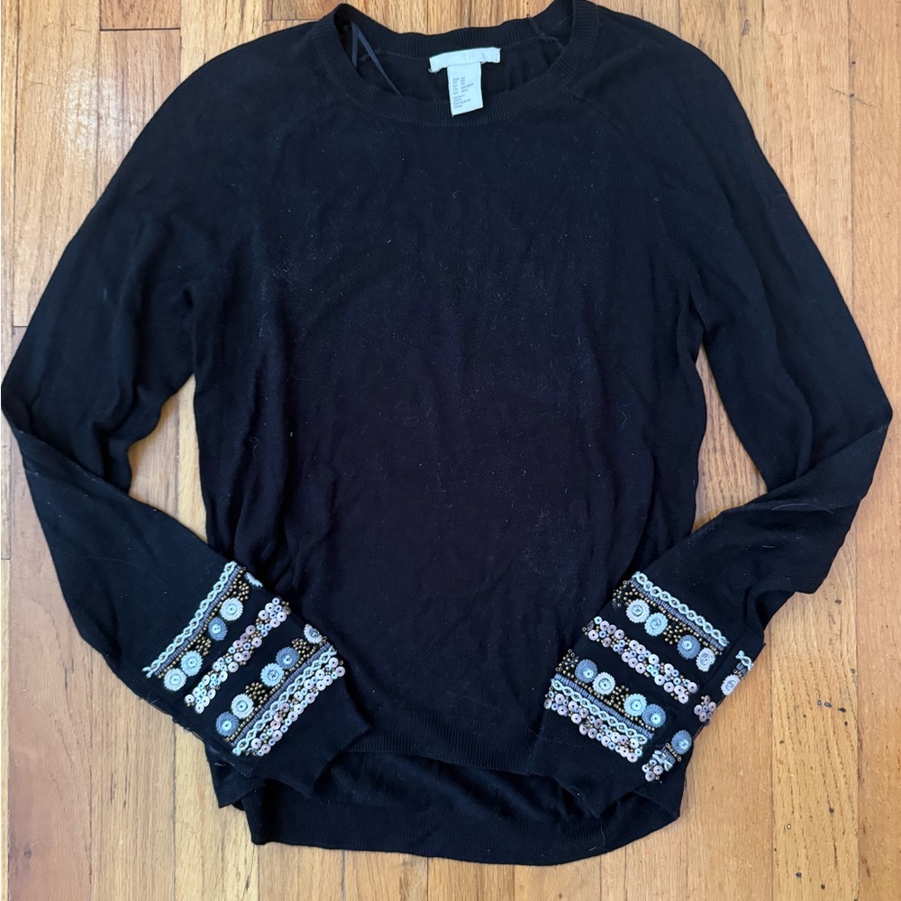 H&M black embellished beaded cuff lightweight shirt sweater xs